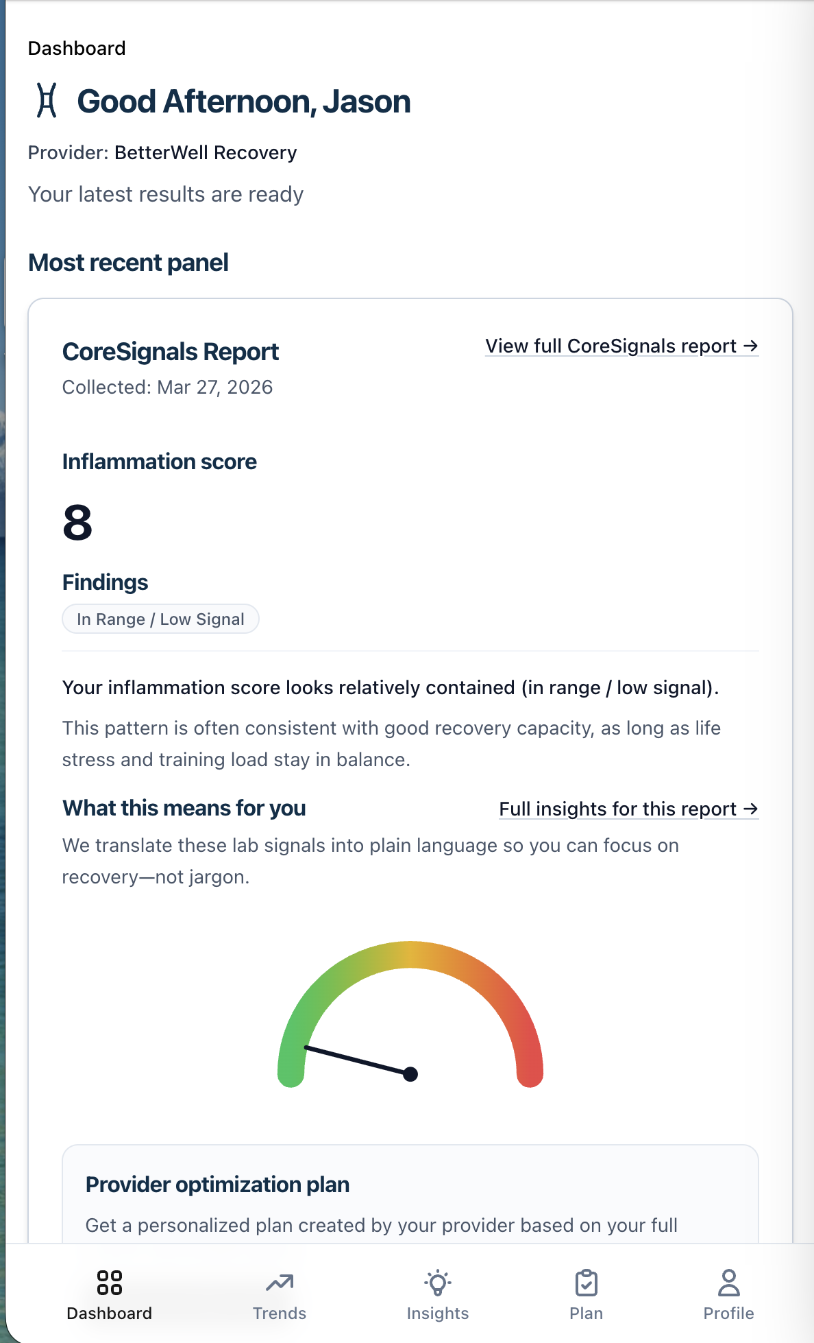 BioSignals Companion™ Dashboard showing inflammation score and CoreSignals™ report